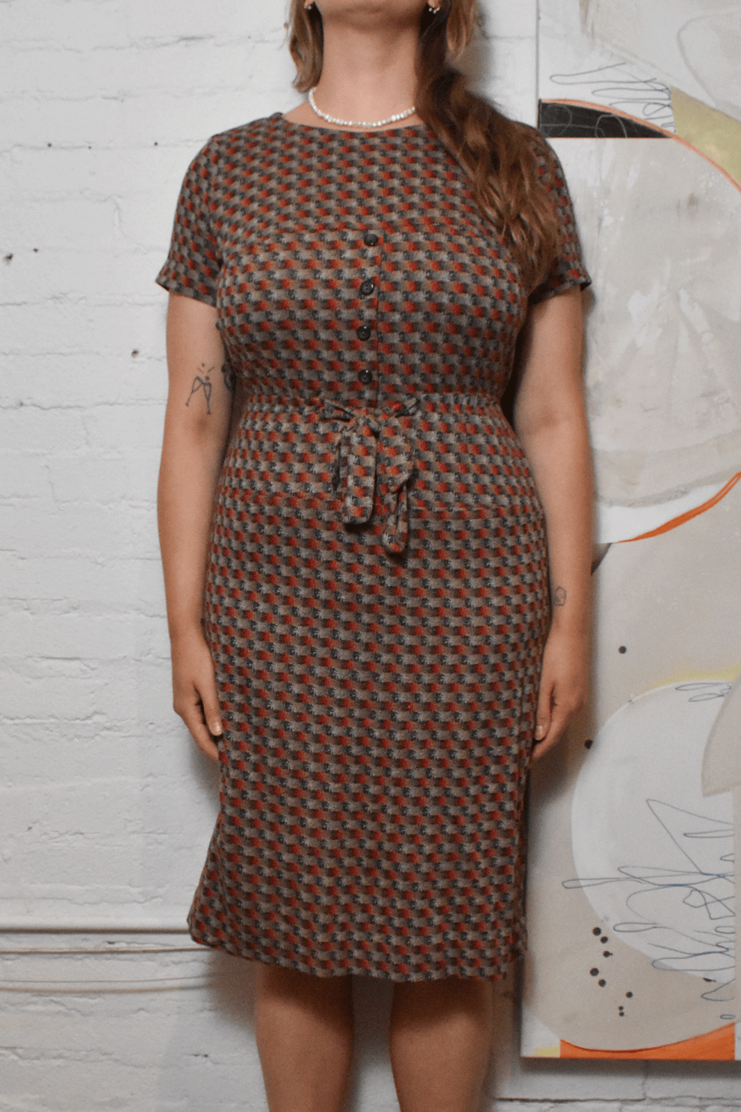 Vintage 1950s Knit Printed Shirt Dress With Bow