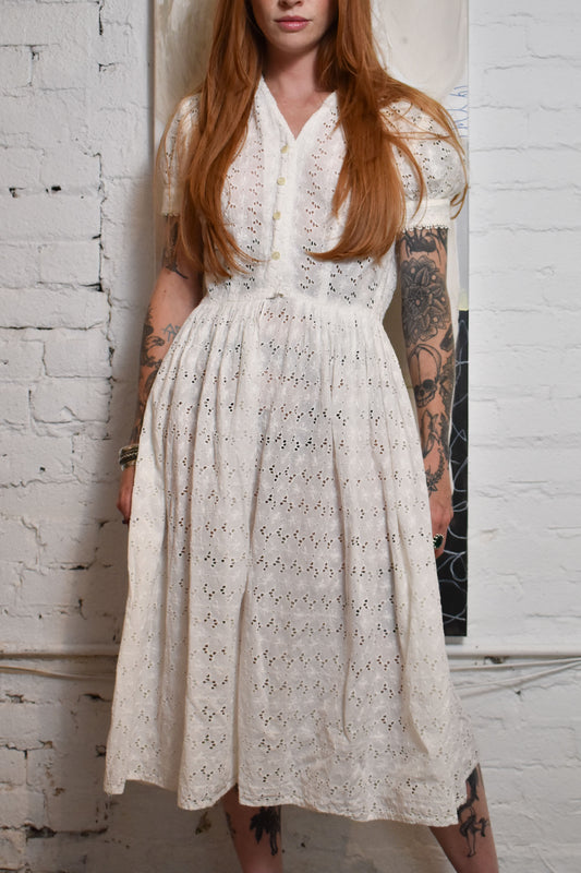 Vintage 50's White Cotton Buttonfront Eyelet Dress With Full Skirt