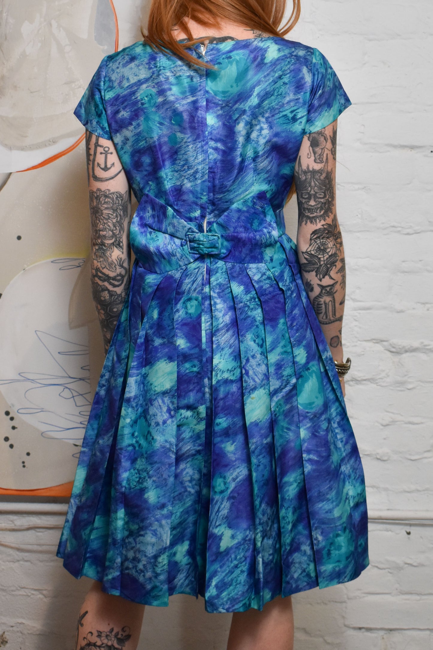Vintage 1950s Blue Abstract Print Pleated Dress