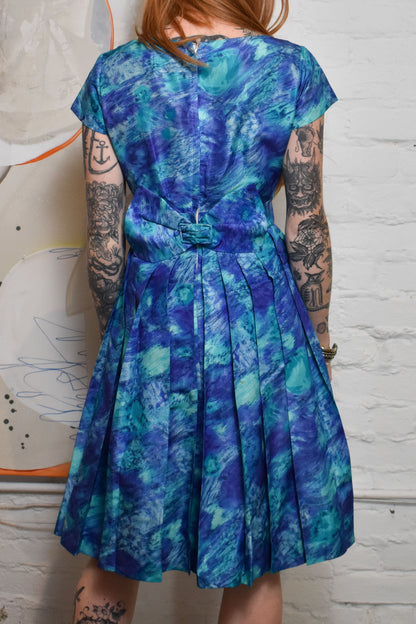 Vintage 1950s Blue Abstract Print Pleated Dress