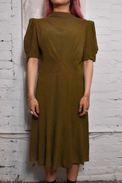 Vintage 1950s Olive Green Crepey Dress