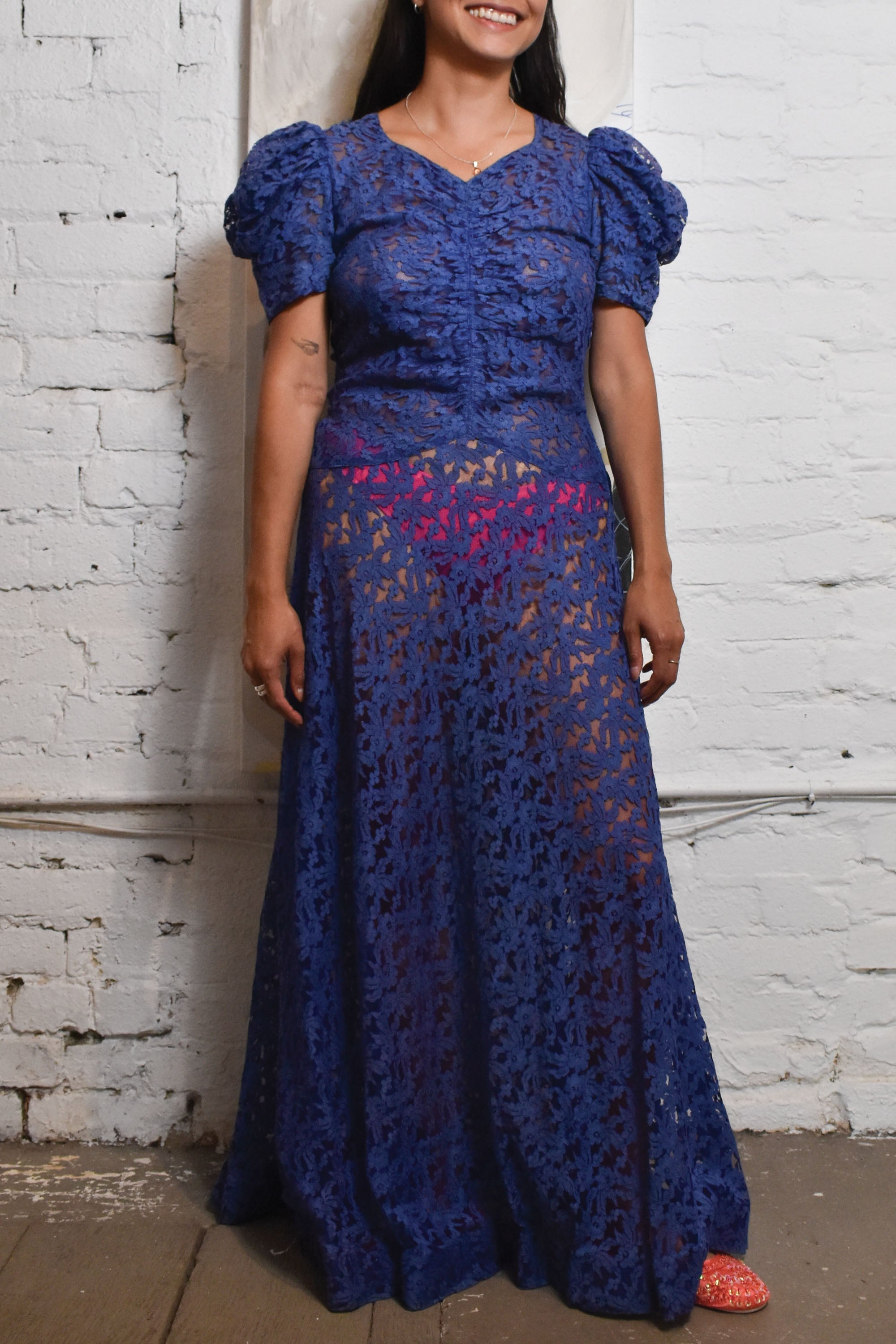 Vintage 1950s Dark Periwinkle Blue Lace Gown