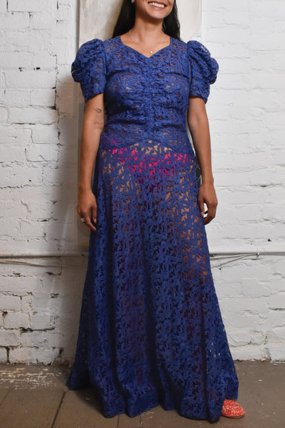 Vintage 1950s Dark Periwinkle Blue Lace Gown