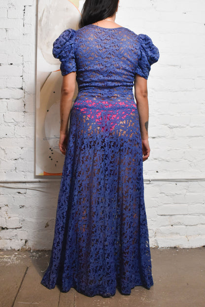 Vintage 1950s Dark Periwinkle Blue Lace Gown