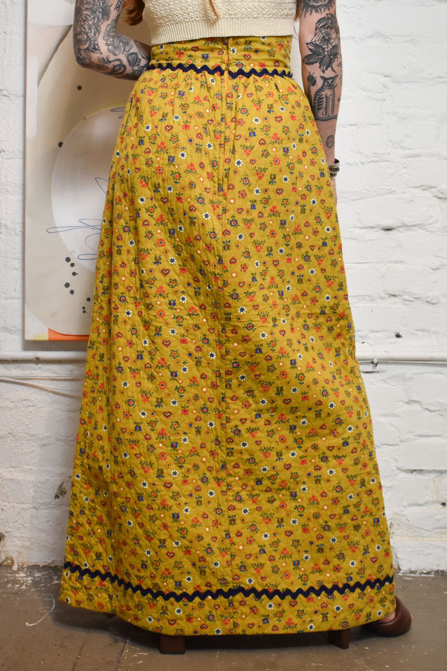 Vintage Quilted Floral Long Skirt with Trim