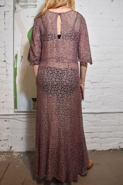 Vintage 1930s Rose Gold Floral Lace Gown