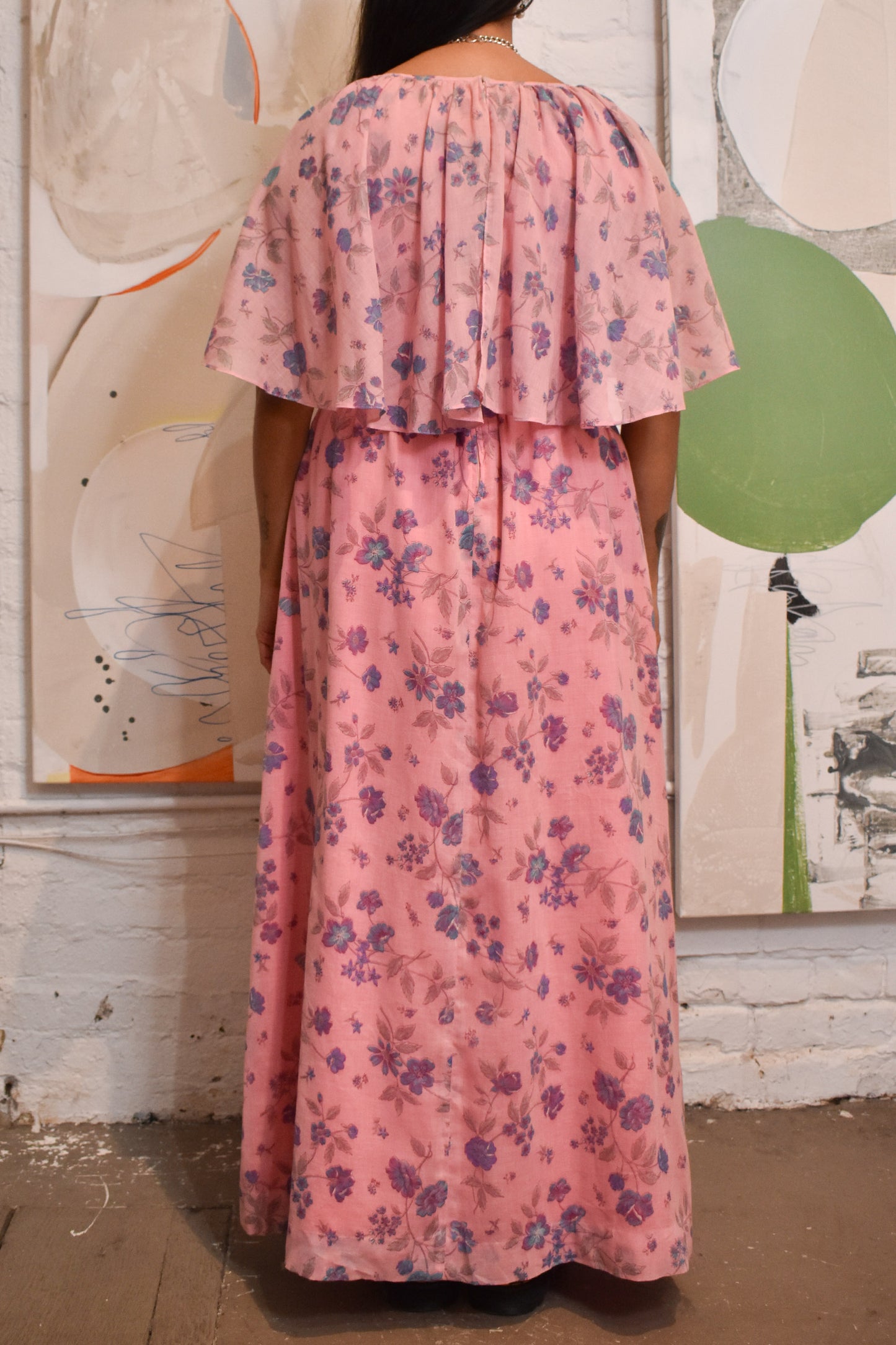 Vintage 1970s Floral Pink Maxi Dress