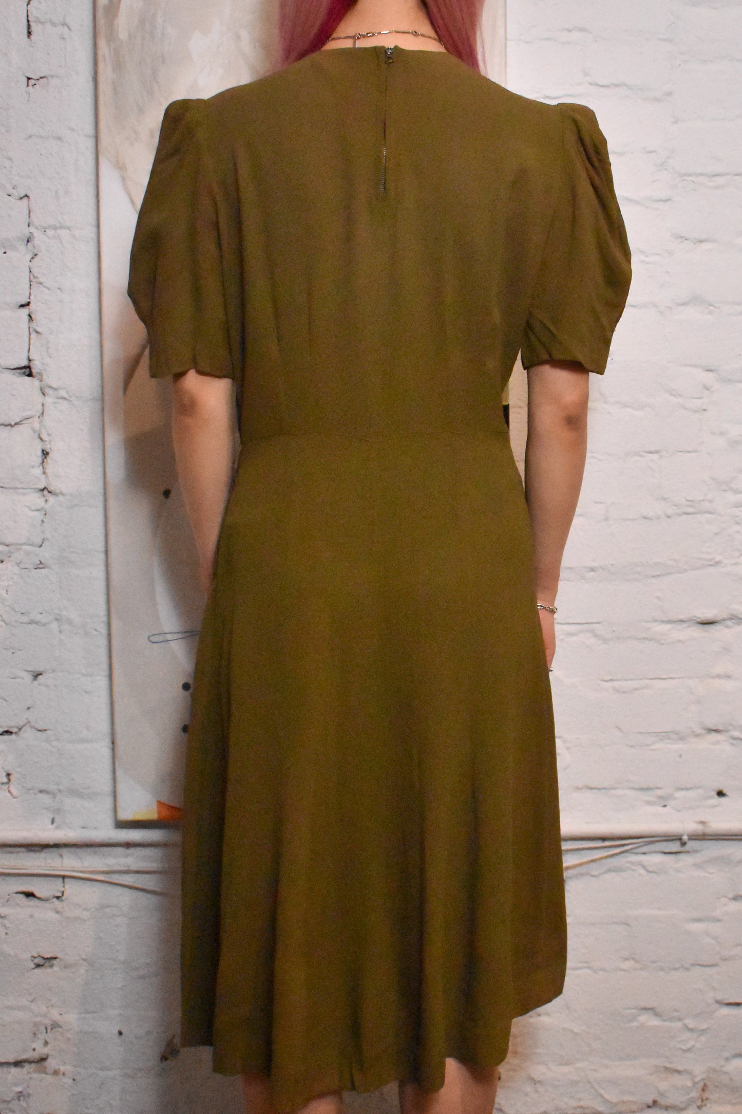 Vintage 1950s Olive Green Crepey Dress