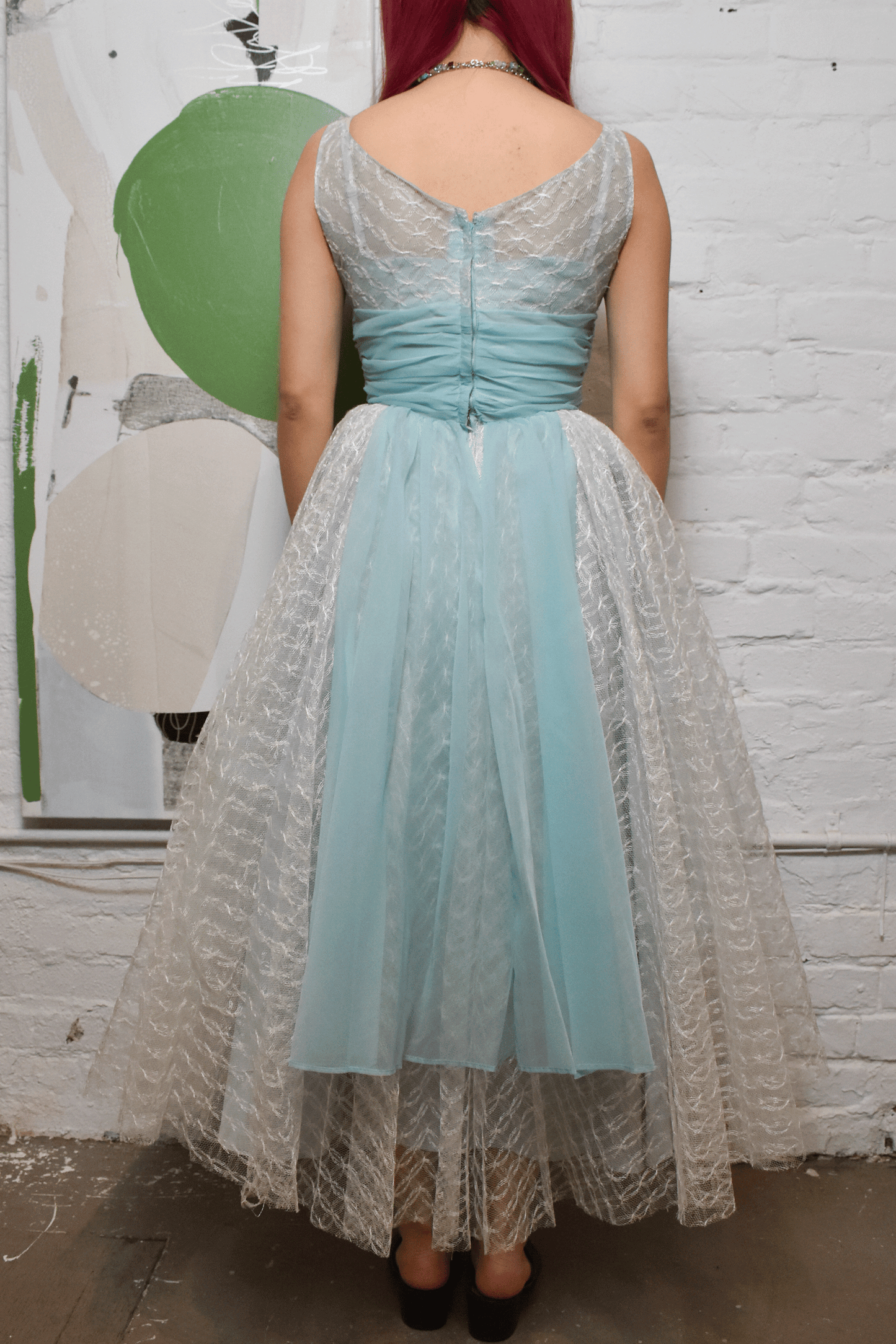Vintage 1960s Baby Blue Tulle Mesh Princess Gown Dress