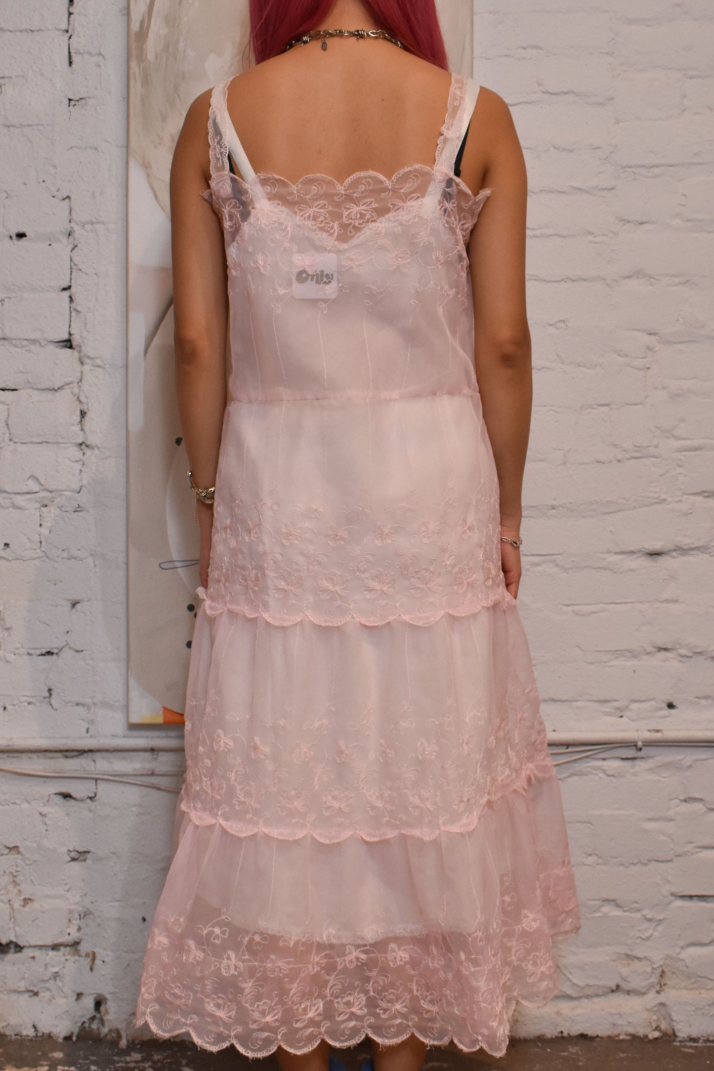 Vintage 1950s Sheer Floral Tiered Embroidered Pink Nightie Dress