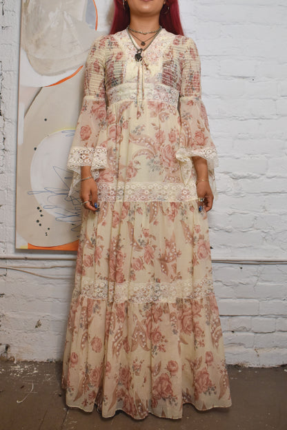 Vintage 1970s "Gunne Sax Style" Floral Prairie Maxi Dress