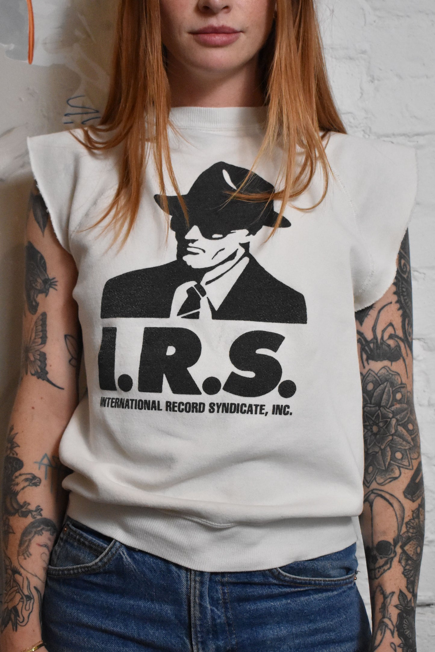 Vintage 1980s "I.R.S." International Record Syndicate Cropped Sleeve Sweatshirt
