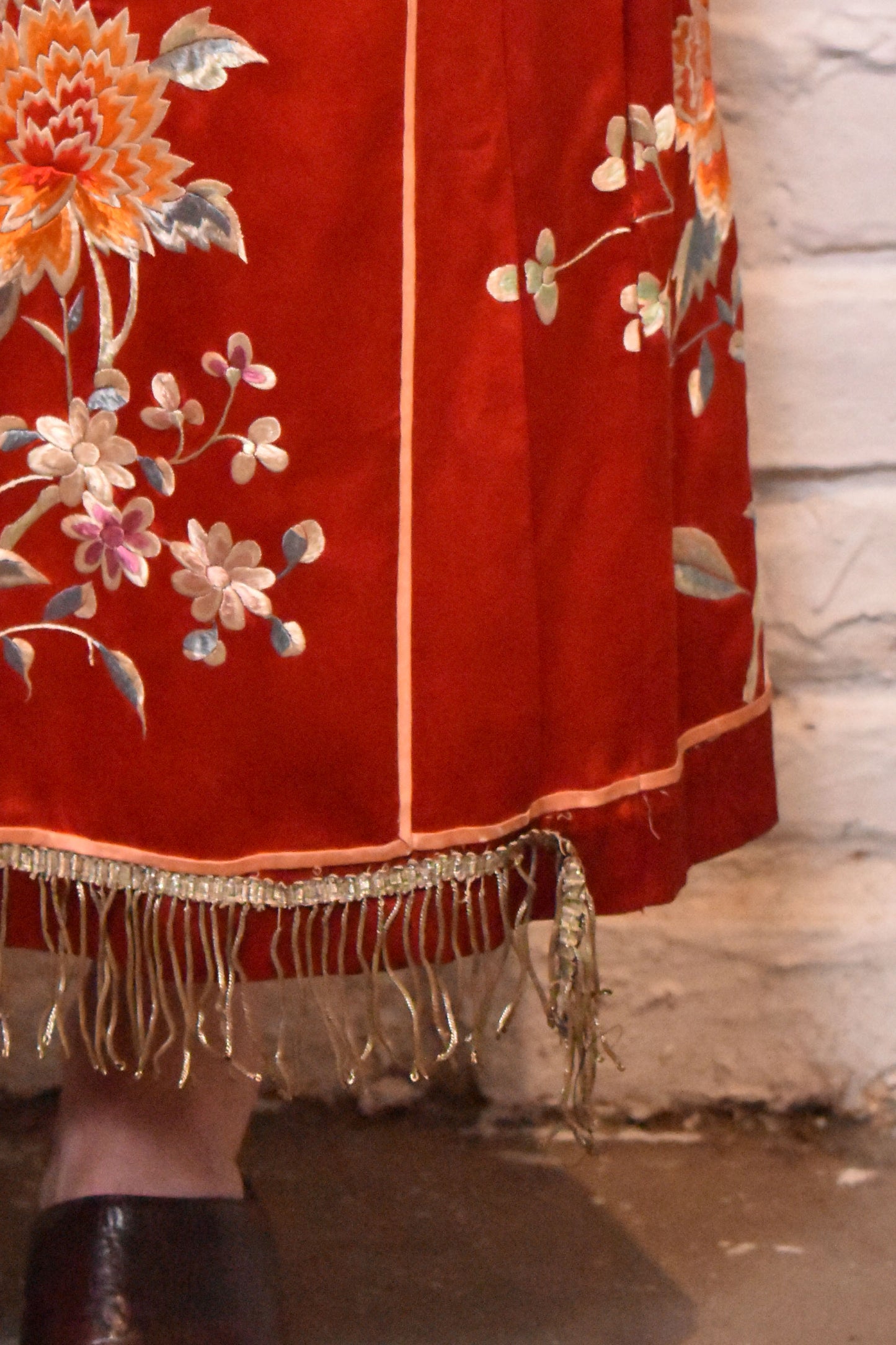 Antique Victorian Red Hand Embroidered Silk Chinese Wrap Skirt