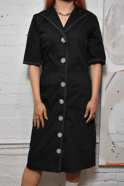 Vintage 1960s "Krest" Sailor Button Up Black Shirt Dress