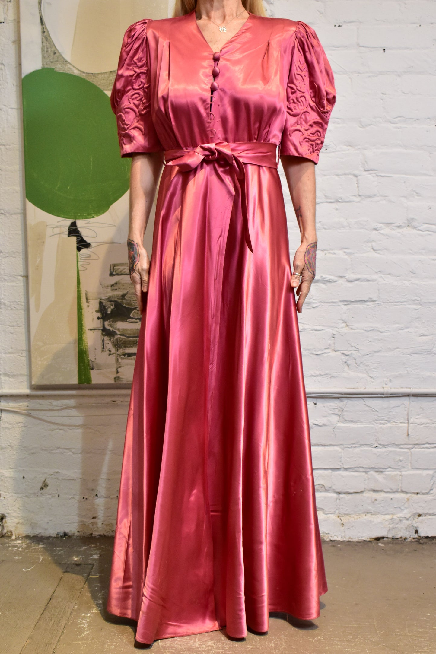 Vintage 1940s Satin Cherry Wrap Gown