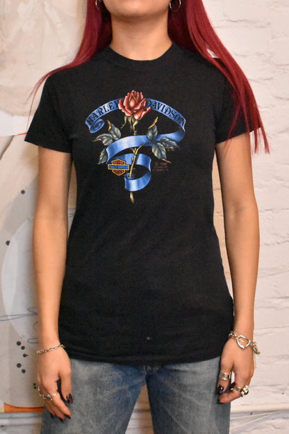 Vintage 1985 Harley Davidson 3D Emblem Rose T-shirt