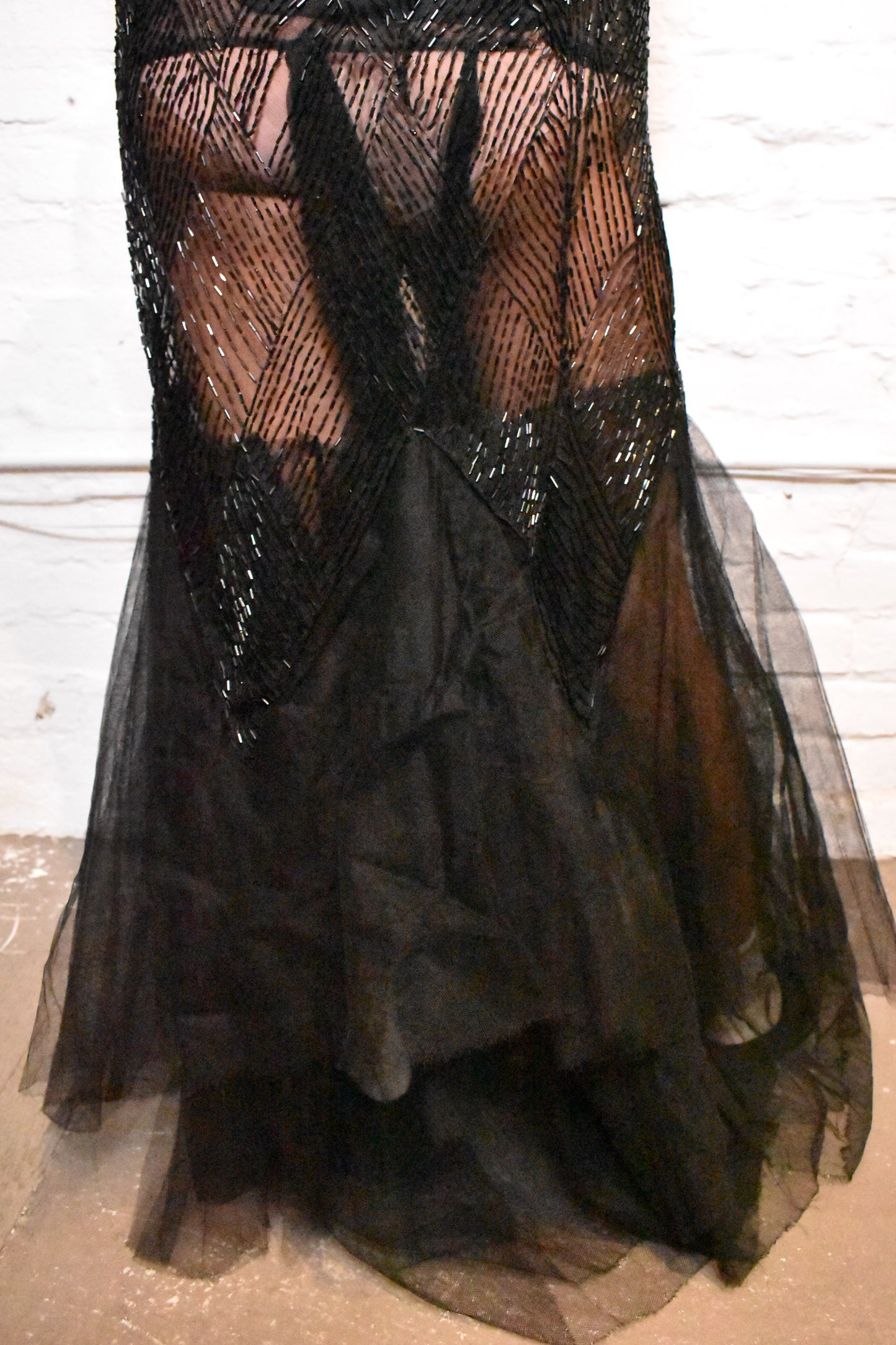 Vintage 1920s Sheer Tulle Beaded Black Gown