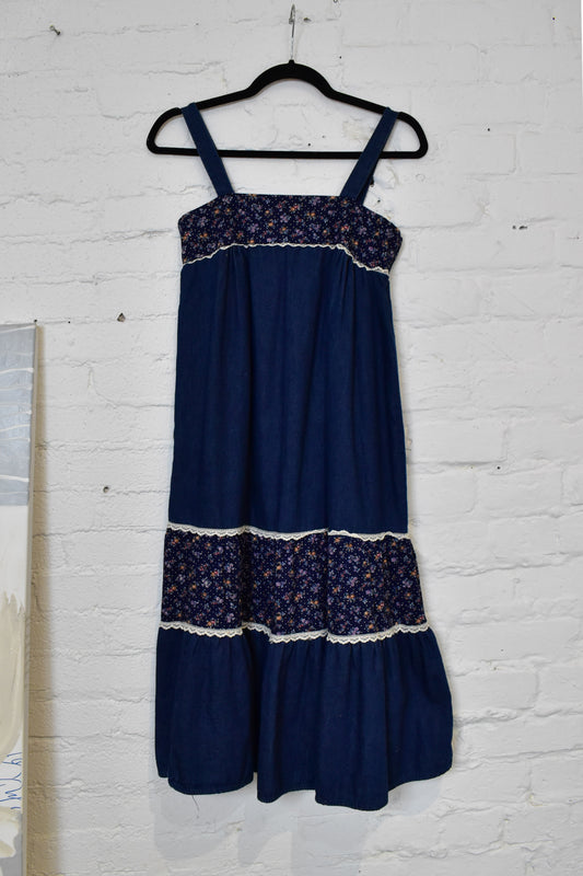 Vintage 1970s Eber Denim Floral Peasant Dress