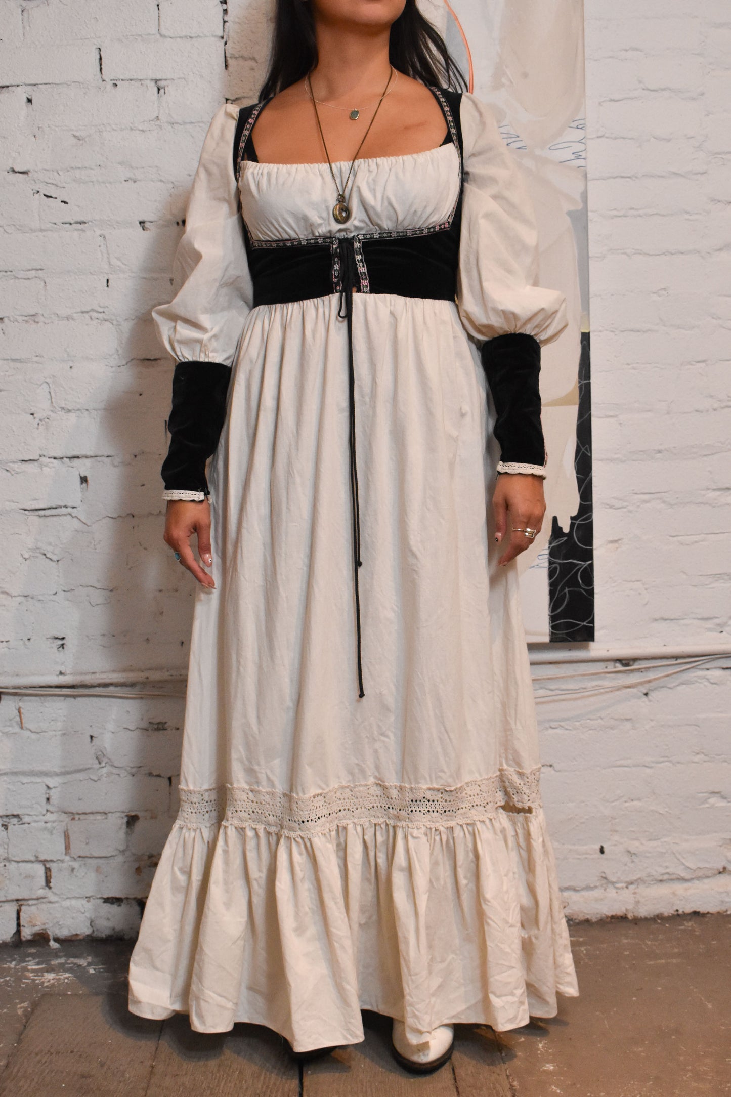 Vintage 1970s "Gunne Sax" Black Velvet White Maxi Dress