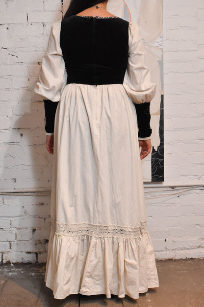 Vintage 1970s "Gunne Sax" Black Velvet White Maxi Dress