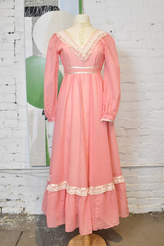 Vintage 1970's "Gunne Sax" Bubble Gum Pink Prairie Maxi Dress