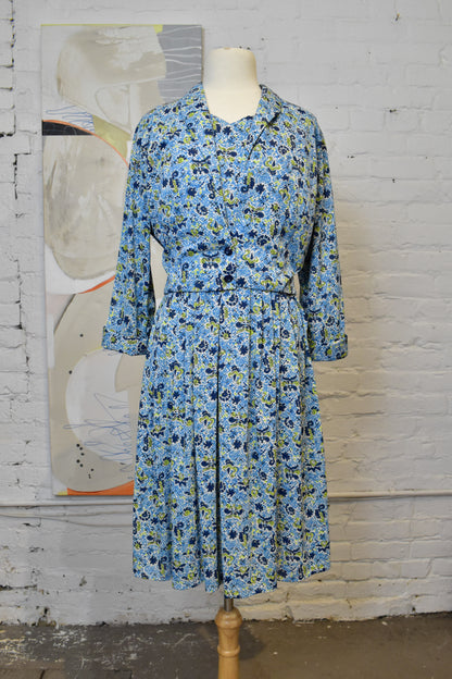 Vintage 1960s Abstract Blue Floral Nylon Dress and Bolero Jacket