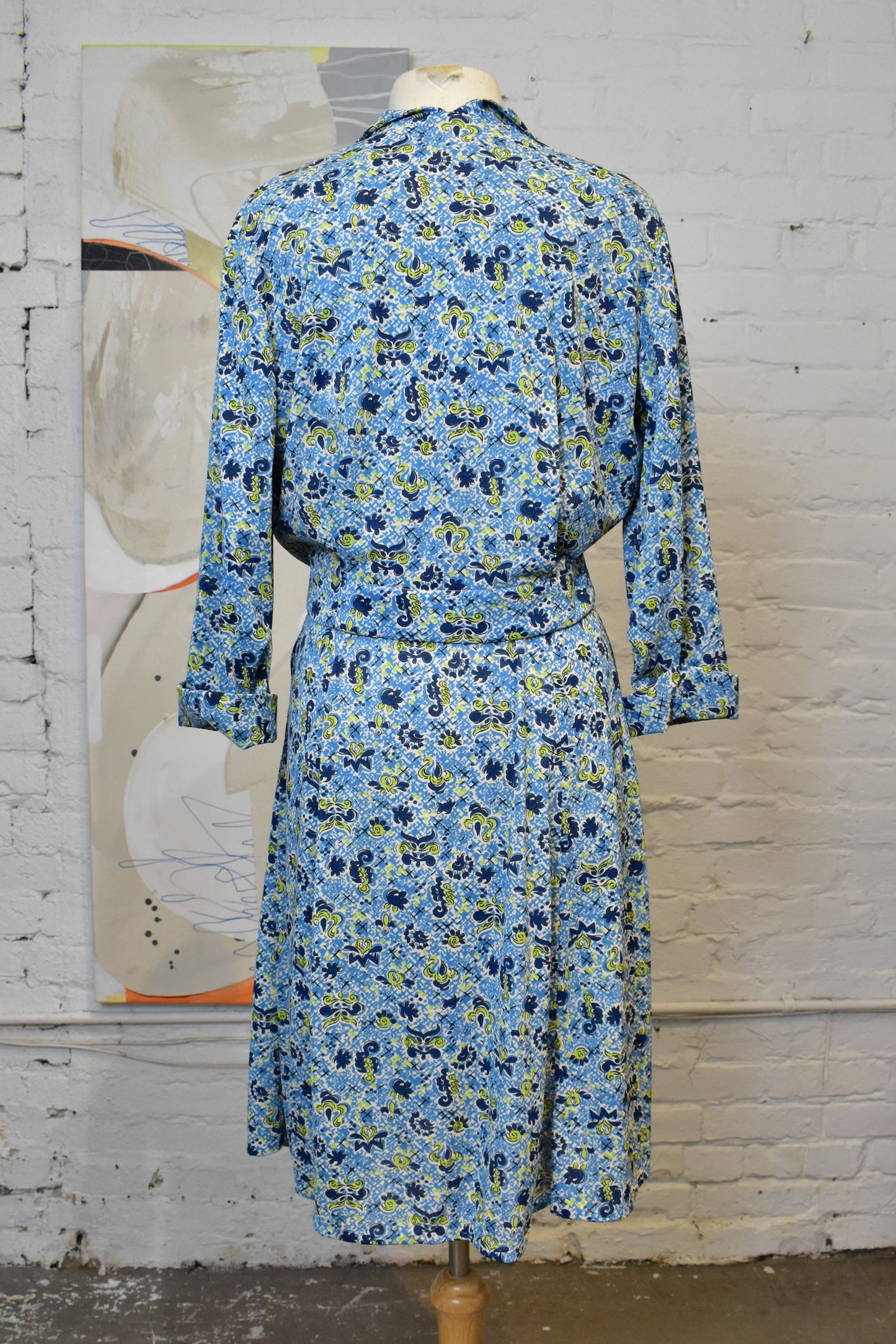 Vintage 1960s Abstract Blue Floral Nylon Dress and Bolero Jacket