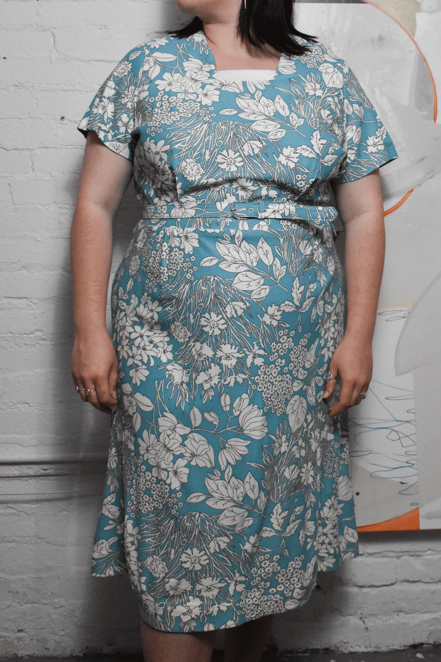 Vintage 1950s Floral Print Blue Dress