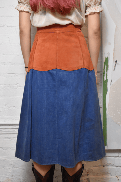 Vintage 1970s Burn Orange Suede Leather Denim Skirt