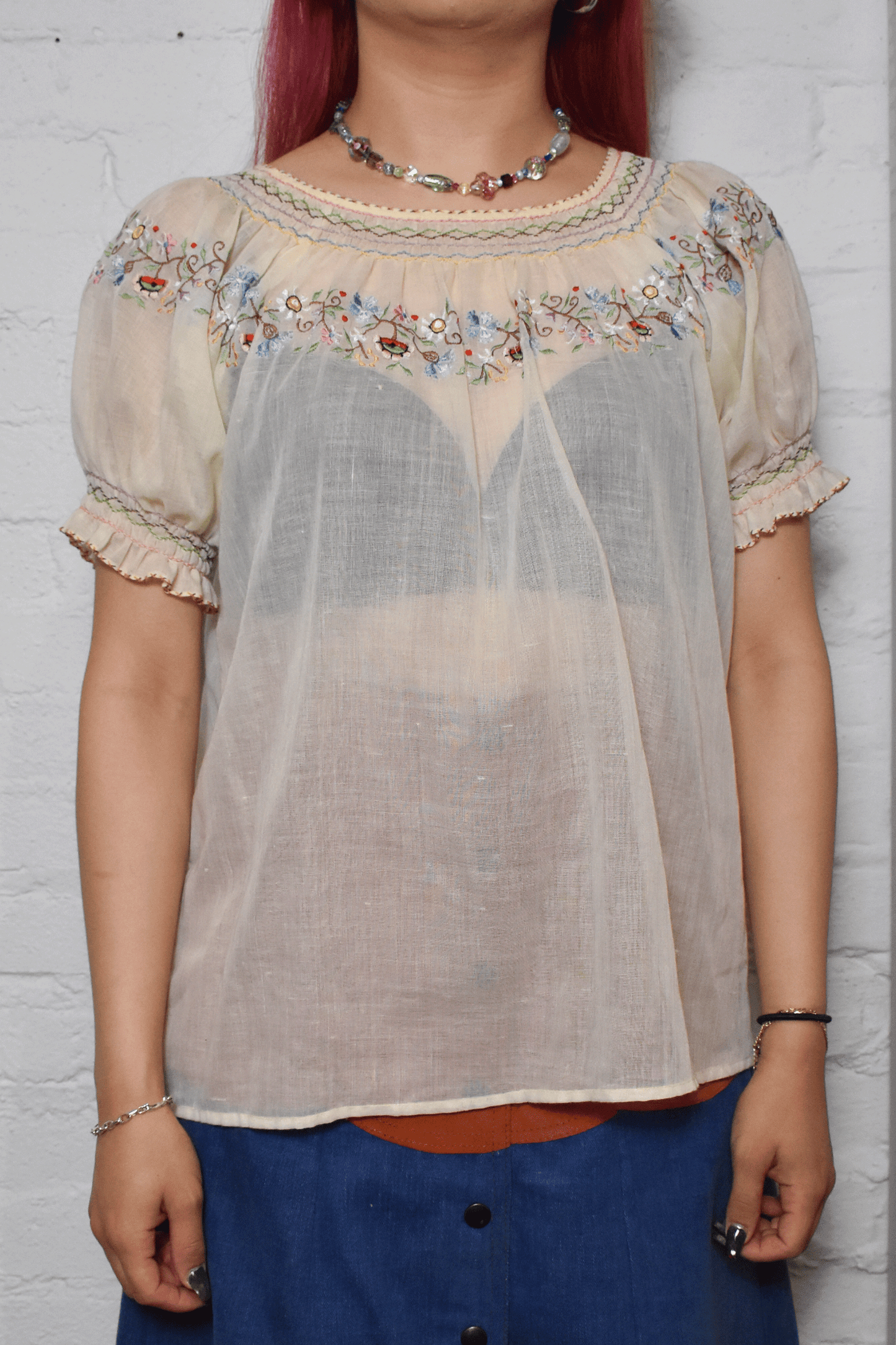 Vintage 1970s Embroidered Ivory Home-Made Blouse