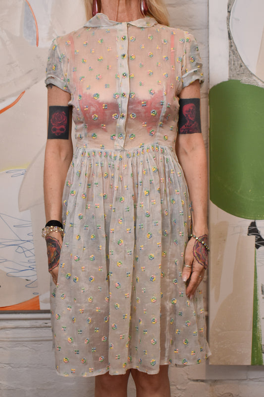 Vintage 1950s Embroidered Floral Sheer Dress