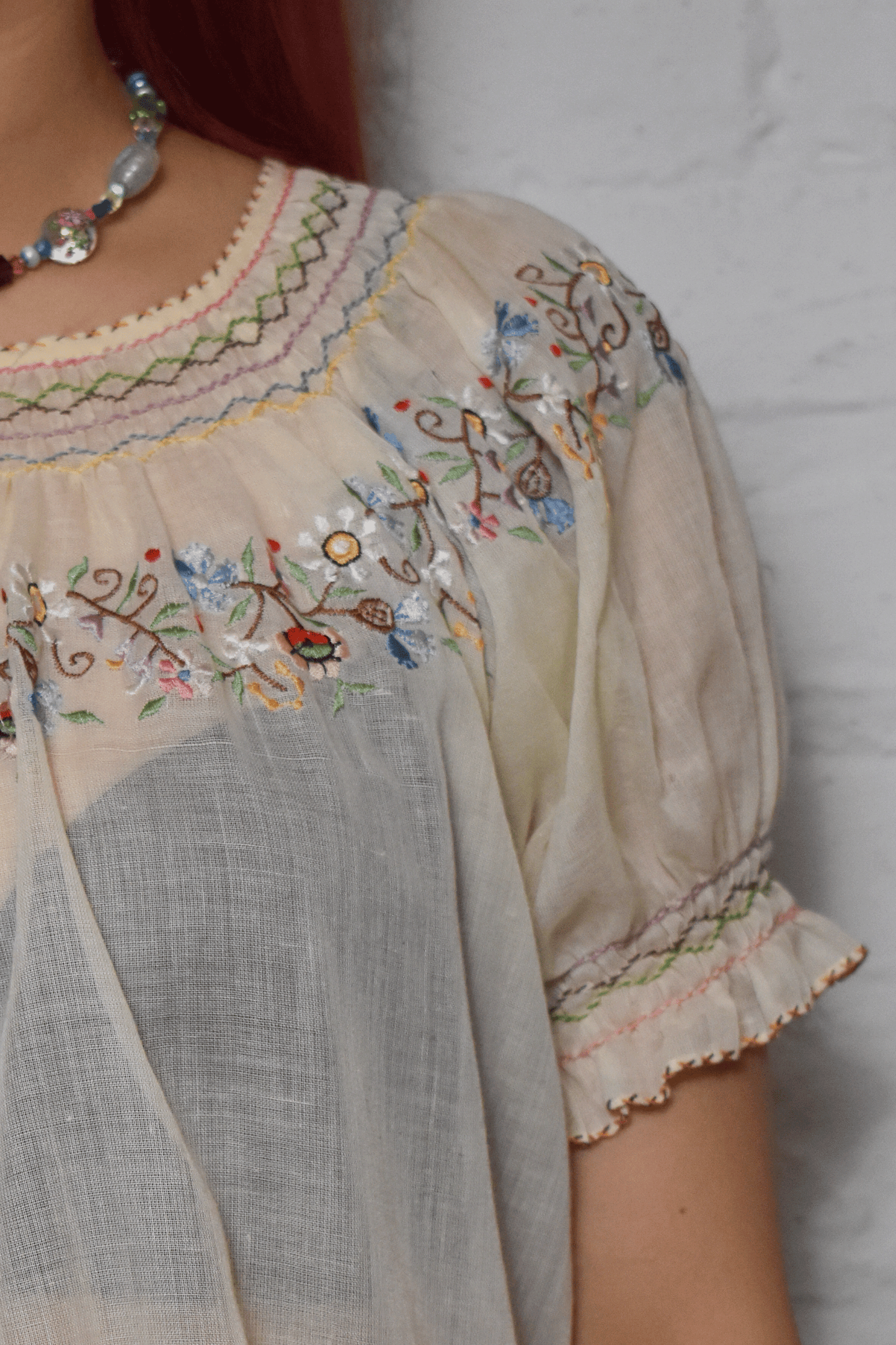 Vintage 1970s Embroidered Ivory Home-Made Blouse