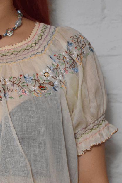 Vintage 1970s Embroidered Ivory Home-Made Blouse