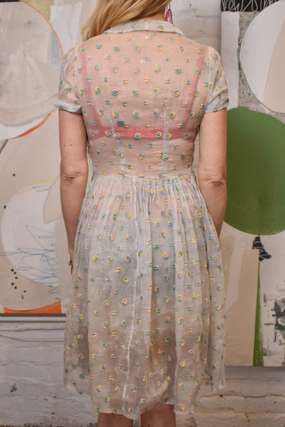 Vintage 1950s Embroidered Floral Sheer Dress