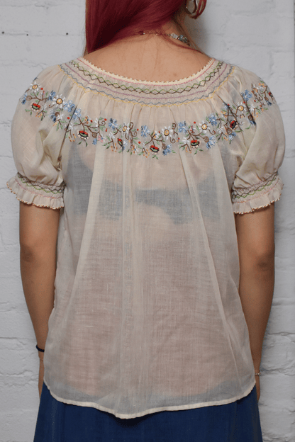 Vintage 1970s Embroidered Ivory Home-Made Blouse