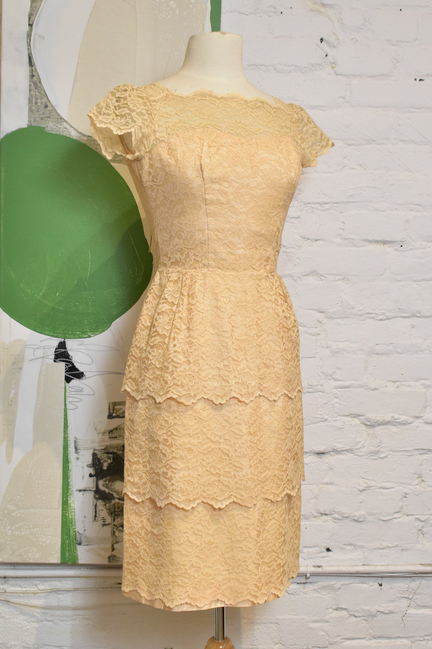 Vintage 1950s "Sylvia Ann" Peach Biege Lace Dress