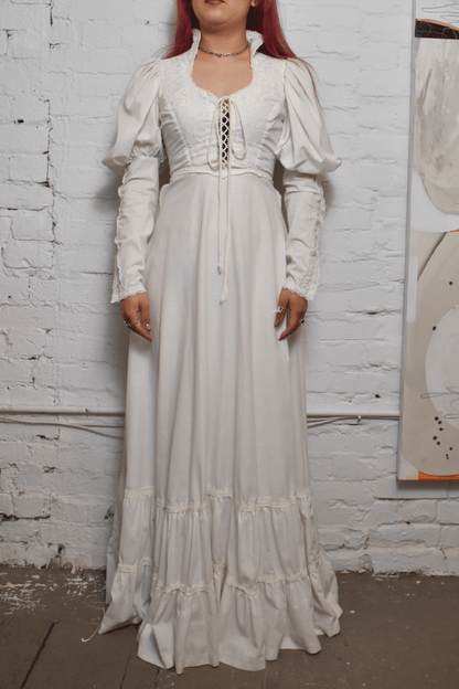 Vintage 1970s "Gunne Sax" White Cotton Crochet Prairie Dress