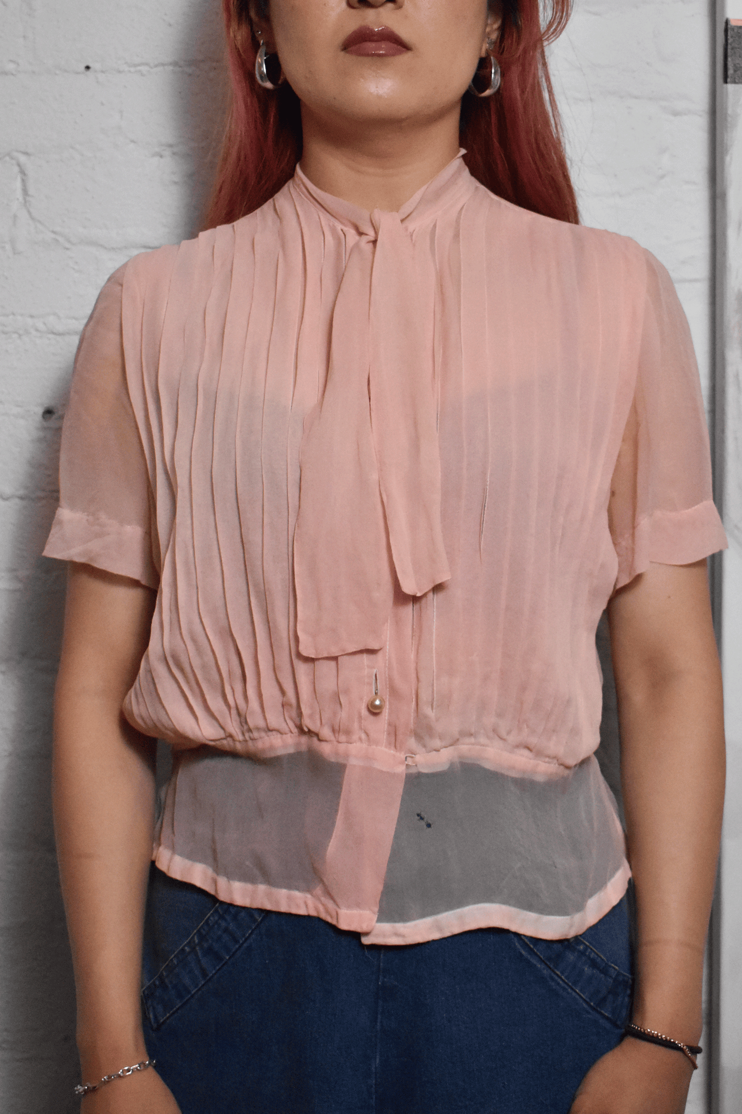 Vintage 1950s Pleated Pink Sheer Silk Blouse