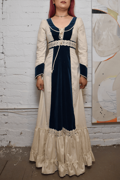 Vintage 1970s "Gunne Sax" Velvet And Crochet Maxi Dress