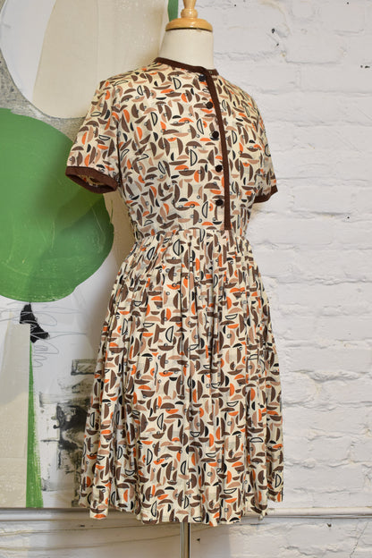 Vintage 1950s Abstract Print Pleated Shirt Dress