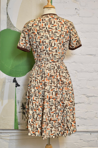 Vintage 1950s Abstract Print Pleated Shirt Dress