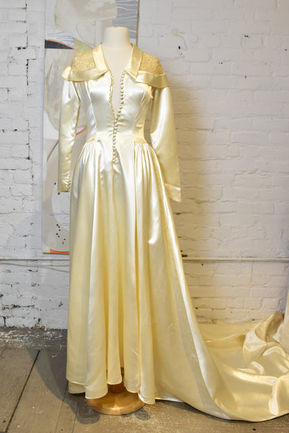 Vintage Cream Satin and Sequin Lace Wedding Gown