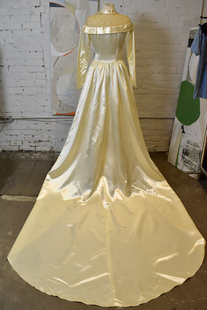 Vintage Cream Satin and Sequin Lace Wedding Gown