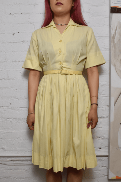 Vintage 1950s Pastel Yellow Pleated Shirt Dress