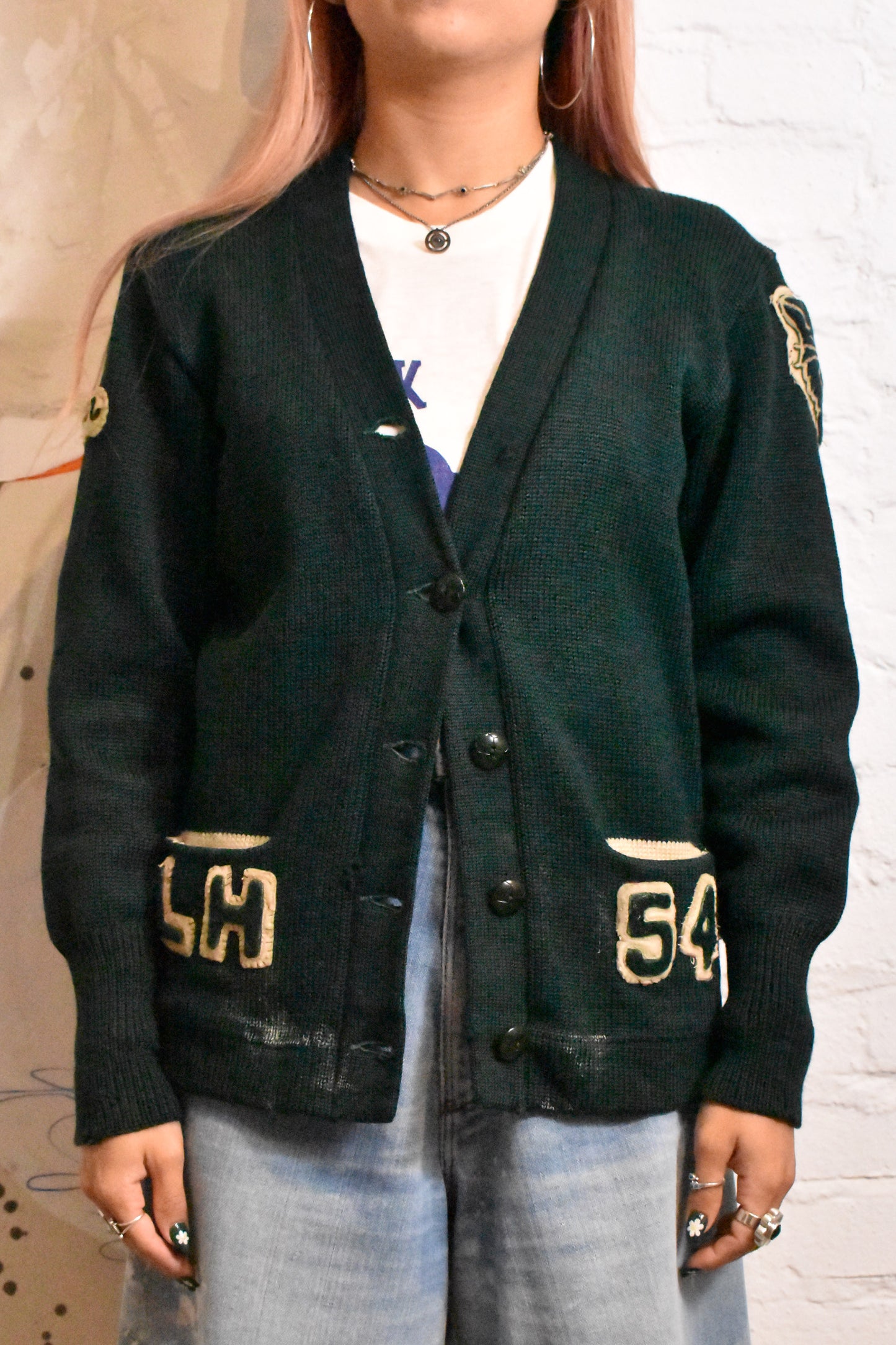 Vintage 1950s Letterman Green Forest Knit Cardigan