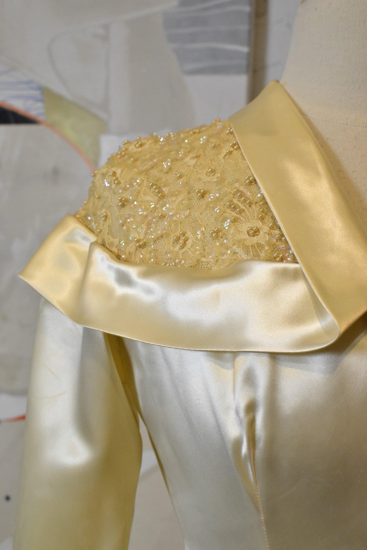 Vintage Cream Satin and Sequin Lace Wedding Gown