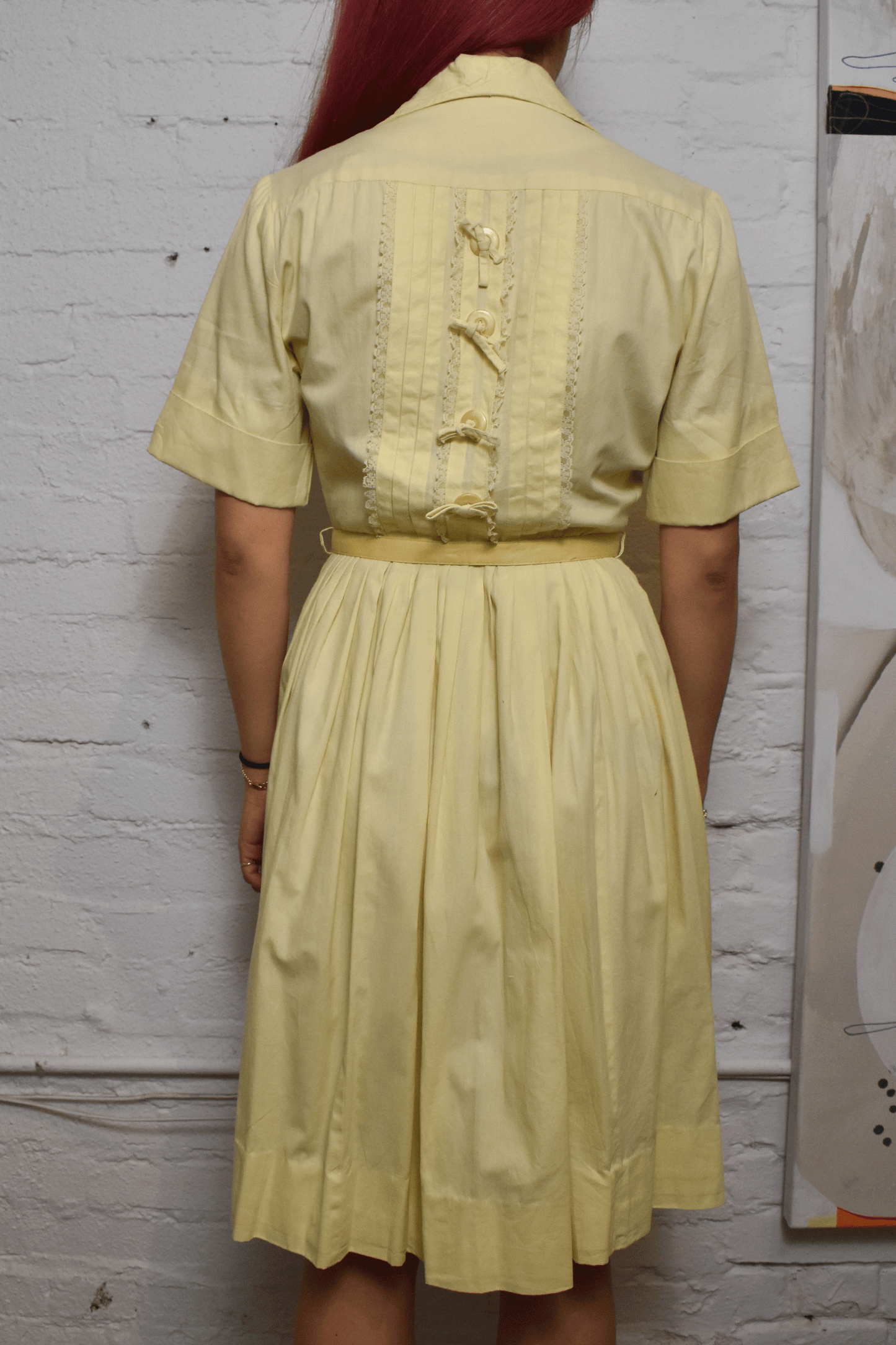 Vintage 1950s Pastel Yellow Pleated Shirt Dress