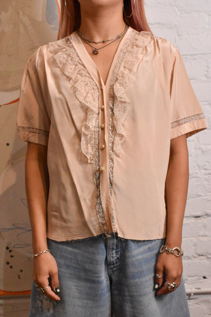 Vintage Nude Peach Rayon Lace Button Up Blouse