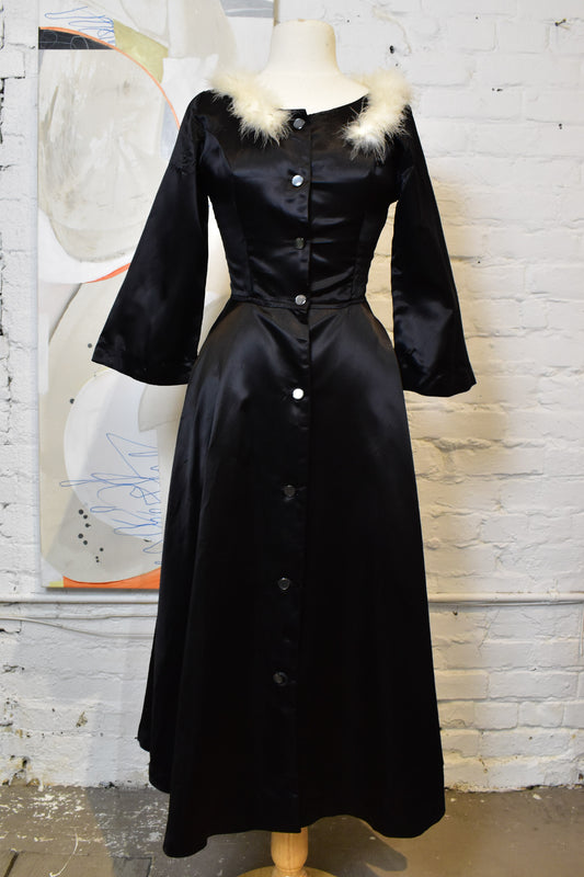 Vintage 1950s 1960s Burlesque "Fredricks of Hollywood" Black Satin Marabou Dressing Gown