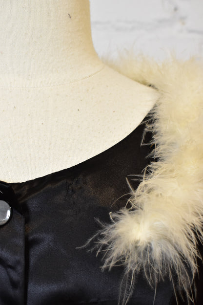 Vintage 1950s 1960s Burlesque "Fredricks of Hollywood" Black Satin Marabou Dressing Gown